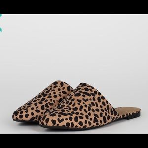 Qupid Pointy Toe Mule Flat Tab Leopard Faux Suede